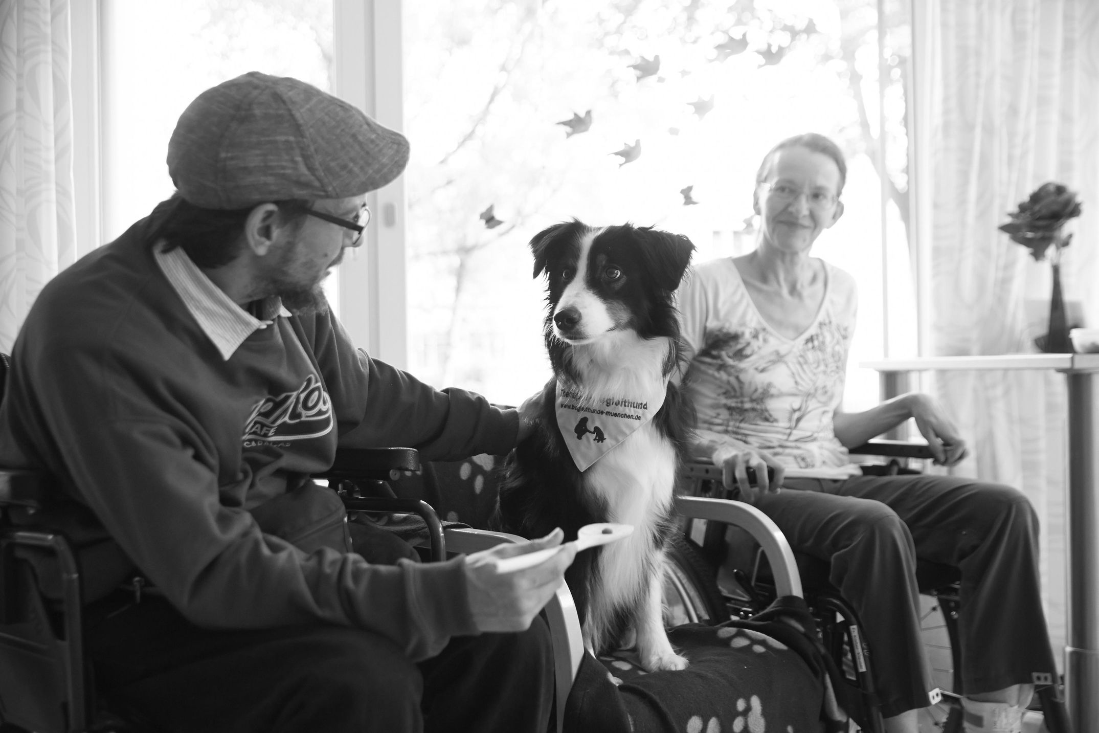 Therapiehund Emil bei der Arbeit in einem Pflegeheim in München, fotografiert für BISS, Bürger in sozialen Schwierigkeiten.