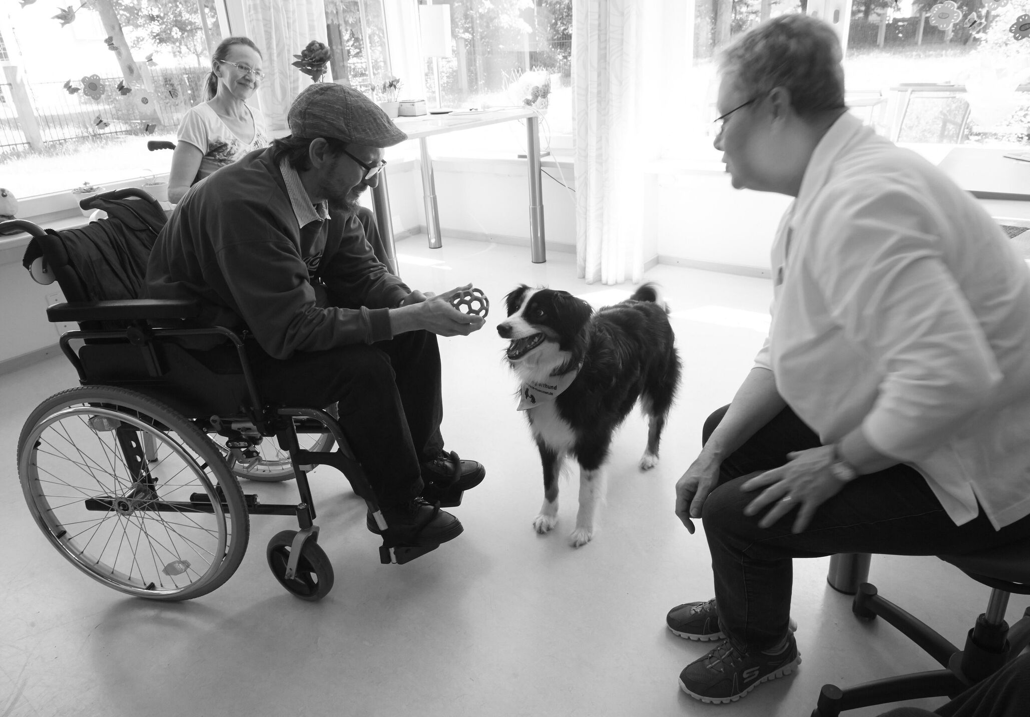 Therapiehund Emil bei der Arbeit in einem Pflegeheim in München, fotografiert für BISS, Bürger in sozialen Schwierigkeiten.